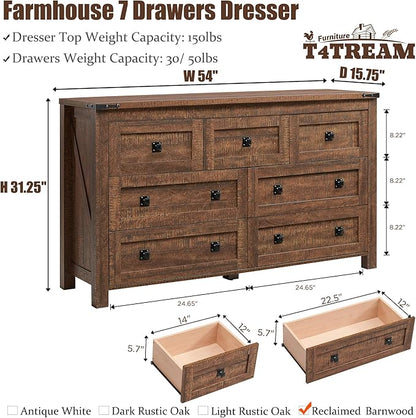 T4TREAM Farmhouse 7 Drawers Dresser for Bedroom, Wood Rustic Dresser Tv Stand, Storage Dressers Organizer for Bedroom, Living Room,Hallway, Reclaimed Barnwood