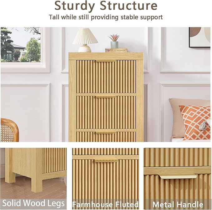 Modern 12-Drawer Solid Wood Dresser with Fluted Front & Gold Handles, Multifunctional Tall Storage Chest, for Hallway, Entryway, Natural X3