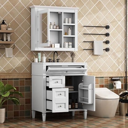 30" Bathroom Vanity with Matching Medicine Cabinet, Modern Sink Storage Cabinet with Drawers, Soft Closing Doors and Shelf, Bathroom Vanities with Sink & Mirror