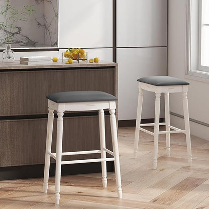 COSTWAY Upholstered Bar Stools Set of 2, 29-Inch Backless Counter Height Dining Stools with Delicate Wood Carving, Footrest, Solid Rubber Wood Frame, Farmhouse BarStools for Kitchen Island Bar, White