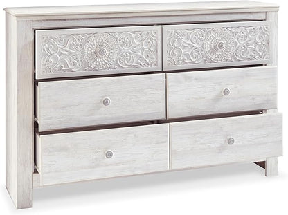 Signature Design by Ashley Paxberry Boho 6 Drawer Dresser, Smooth-gliding Faux Laminate Lined Drawers, Wood, 61.26" W x 15.83" D x 40" H, Whitewash