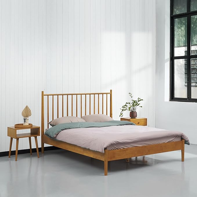 NTC Inno Wooden Bed Frame with Headboard, Solid Oak and Rubber Wood Foundation with Silent Slats and Wood Central Supports, 1000 Lb Capacity, Effortless Assembly, King - Rustic Oak