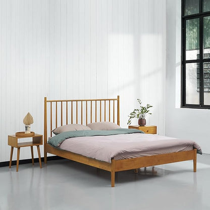 NTC Inno Wooden Bed Frame with Headboard, Solid Oak and Rubber Wood Foundation with Silent Slats and Wood Central Supports, 1000 Lb Capacity, Effortless Assembly, King - Rustic Oak