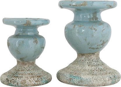 Creative Co-Op Large Distressed Blue Terracotta Pillar Candle Holder