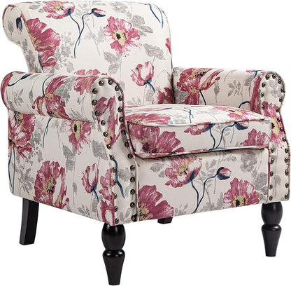 Accent Chair, Upholstered High Back Floral Armchair with Nailhead Trim & Wood Legs, Comfy Wingback Reading Single Sofa Chair for Small Spaces, Living Room, Bedroom (White Floral, Set of 2)