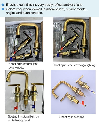 Brushed Gold Bathroom Faucet Set: WOWOW Widespread Bathroom Sink Faucet 3 Hole with Pop-up Drain and Supply Lines, 8 Inch Vanity Taps 3 Pieces Basin Tap 2 Handle Modern (Set of 2)
