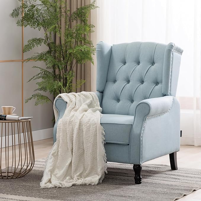 Pushback Recliner, Modern Accent Arm Reclining Sofa, Fabric Wingback Chair for Living Room & Bedroom, Light Blue