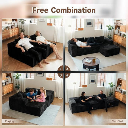 Upgrade 108’’ L Shape Cloud Couch, Plush Corduroy Sectional Sofa with Chaise, Boneless Couches for Living Room Bedroom, No Assembly Required (Black, Right Facing Chaise)