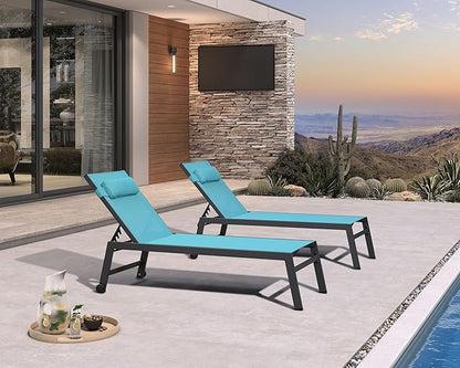 PURPLE LEAF Outdoor Oversized Lounge Chair Set of 3 Patio Chaise Pool Lounger Aluminum Frame with Side Table and Wheels for Outside Sunbathing Tanning Recliner Including Pillows Turquoise Blue