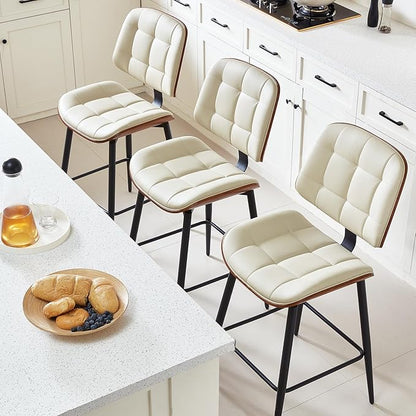 Mid Century Modern Bar Stools Set of 3 for Kitchen Island,Upholstered Beige Faux Leather Counter Height stools,26 Inch Counter stools with Walnut Grain Back