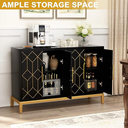 HLR Accent Cabinet with 4 Doors&Shelves, Sideboard Buffet Cabinet with Gold Trim, Modern Black Storage for Living Room, Entryway, Kitchen, Dining Room, Hallway
