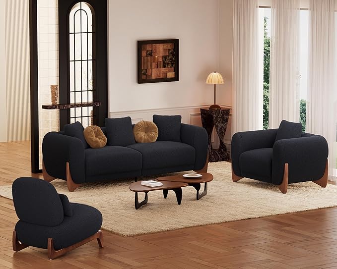 Morden Fort Modern Cloud Couch - 3 Seater Sherpa Boucle Sofa with Wood Legs, Ultra-Thick High Resilience Cushion with 3 Matching Pillows Upholstered Comfy Couch Sofa for Living Room - Black