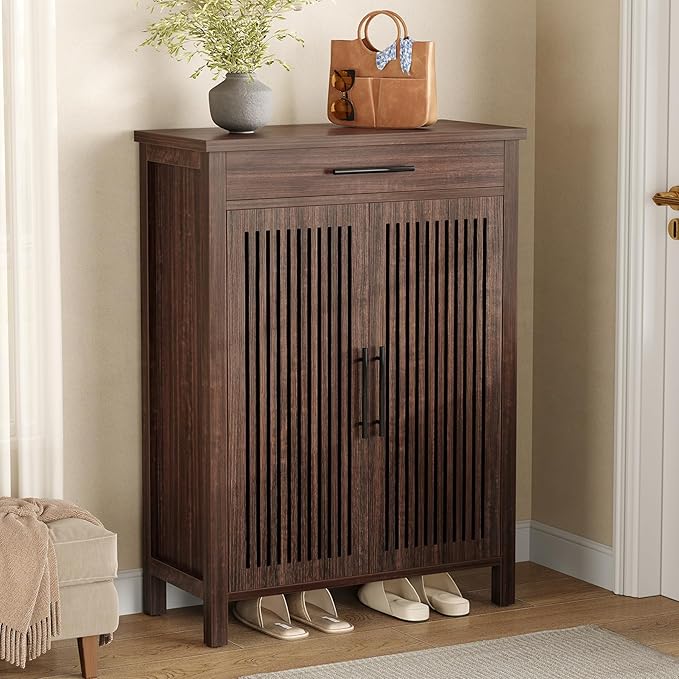 LITTLE TREE Narrow Storage Shoe Rack, 6-Tier Wooden Shoe Cabinet with Drawer, Freestanding Slim Shoe Cabinet Shoe Organizer for Entryway, Hallway, Closet, Bedroom, Living Room, Walnut