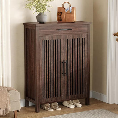 LITTLE TREE Narrow Storage Shoe Rack, 6-Tier Wooden Shoe Cabinet with Drawer, Freestanding Slim Shoe Cabinet Shoe Organizer for Entryway, Hallway, Closet, Bedroom, Living Room, Walnut
