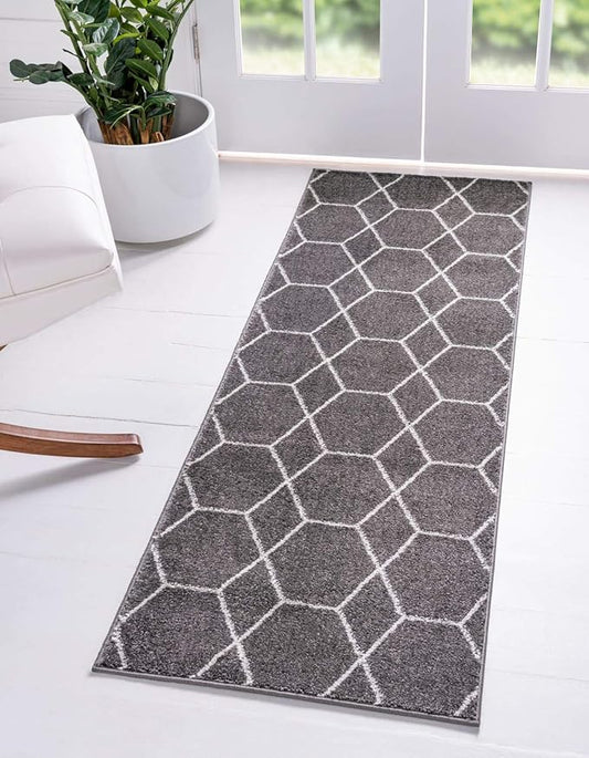 Unique Loom Trellis Frieze Collection Area Rug - Geometric (2' x 13' 1" Runner Dark Gray/Ivory)