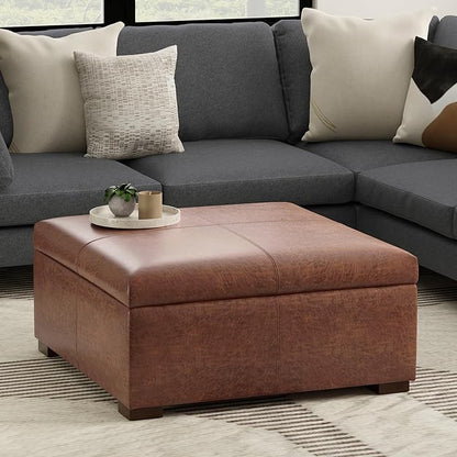 SIMPLIHOME Gabbie 36 inch Wide Contemporary Square Square Coffee Table Storage Ottoman in Distressed Saddle Brown Vegan Faux Leather, Assembled, for The Living Room, Entryway and Family Room