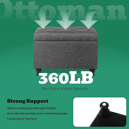 Ottoman with Storage 24'' Storage Ottomans Linen Fabric Ottoman Footstools Small Upholstered Foot Rest Stool for Couch, Living Room, Bedroom, Entrance Shoe Bench Dark Grey