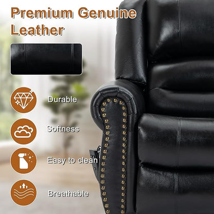 Luxlen Power Lift Recliner Chair for Elderly, Dual Motor Massage Recliner with Lumbar Heat, Heavy Duty Motion Mechanism Lift Chair with Charge Ports, Genuine Leather - Black