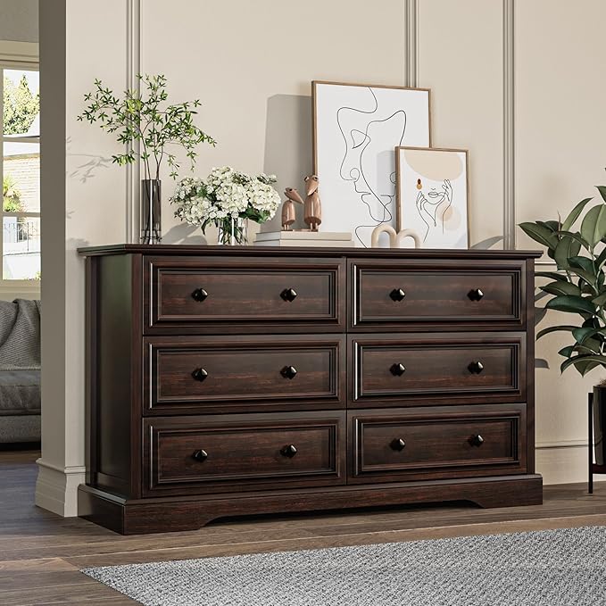 Farmhouse 6 Drawer Dresser for Bedroom, 54" Wide Wood Dresser with Natural Texture, Rustic Chest of Drawers for Bedroom with Vintage Metal Hands, for Living Room, Hallway, Cherry