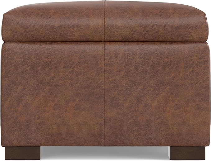 SIMPLIHOME Gabbie 48 inch Wide Contemporary Rectangle Rectangular Storage Ottoman in Distressed Saddle Brown Vegan Faux Leather, Assembled, for The Living Room, Entryway and Family Room