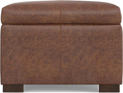 SIMPLIHOME Gabbie 48 inch Wide Contemporary Rectangle Rectangular Storage Ottoman in Distressed Saddle Brown Vegan Faux Leather, Assembled, for The Living Room, Entryway and Family Room