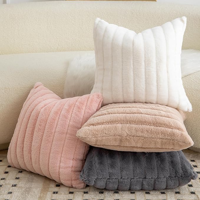Pack of 2 Faux Fur Throw Pillow Covers 12x20 Inch Striped Decorative Soft Plush Couch Pillow Case Home Decor for Bed, Sofa, Living Room Beige