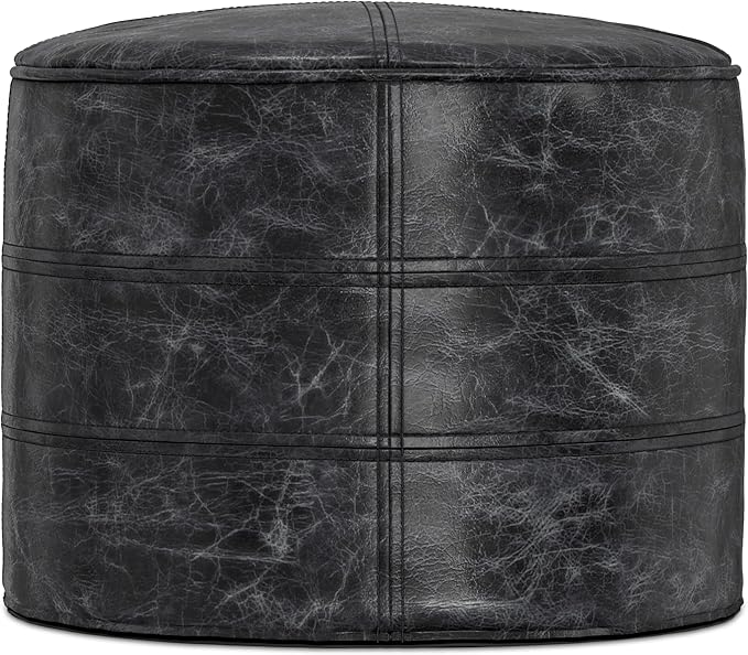 SIMPLIHOME Connor Boho Round Pouf in Distressed Black Genuine Leather for the Living Room, Bedroom and Kids Room