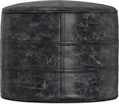 SIMPLIHOME Connor Boho Round Pouf in Distressed Black Genuine Leather for the Living Room, Bedroom and Kids Room