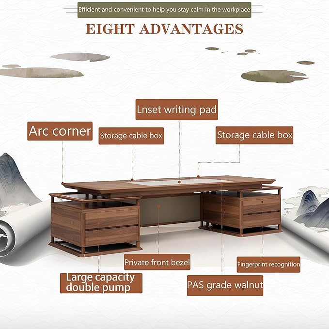Executive Desk, 118.1 inch Executive Wood Desks L Shape Desk with Drawers with Drawers and Lockable Storage No Installation Required Without Display Racks and Bookshelves