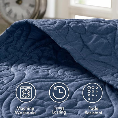 Madison Park Quebec Queen Size Quilt Bedding Set - Navy , Damask – 3 Piece Bedding Quilt Coverlets – Ultra Soft Microfiber Bed Quilts Quilted Coverlet