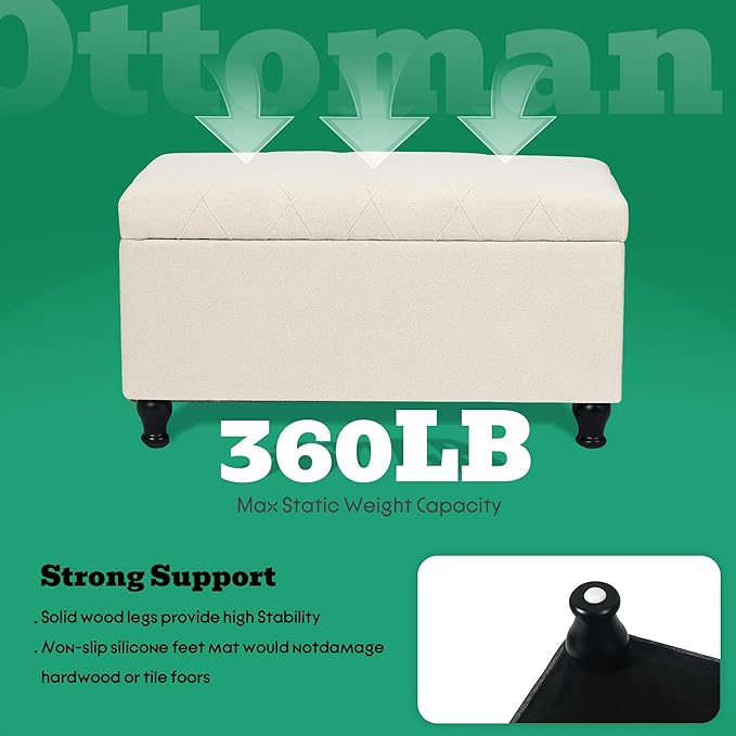 Ottoman with Storage 32'' Ottoman Storage Bench Fabric Ottomans Footstools Upholstered Foot Rest Stool for Couch, Living Room, Bedroom, Entrance Shoe Bench Beige