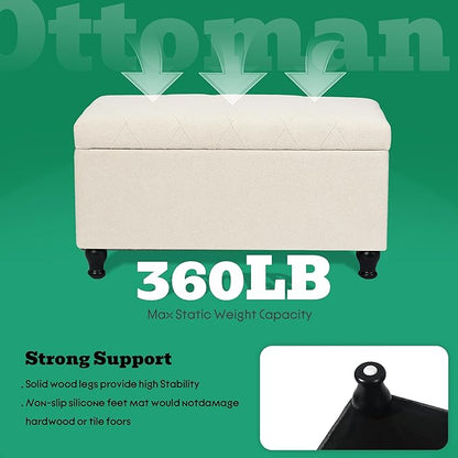 Ottoman with Storage 32'' Ottoman Storage Bench Fabric Ottomans Footstools Upholstered Foot Rest Stool for Couch, Living Room, Bedroom, Entrance Shoe Bench Beige