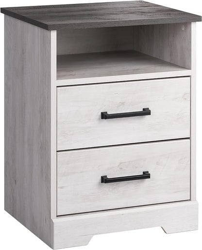 Prepac Rustic Ridge Farmhouse Bedroom Nightstand with 2 Drawers and an Open Cubby, Wooden Bedside Table for Bedroom, Office, or Living Room, 16.25in x 18.75in x 24.5in, Washed White