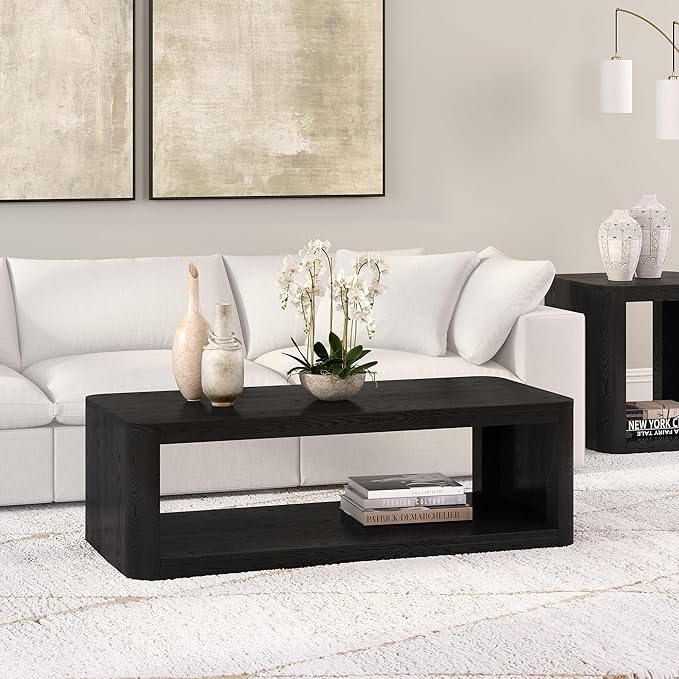 Henn&Hart 47" Rectangular Low-Profile Coffee Table with Open Storage Shelf for Living Room, Family Room, or Office, Black Grain