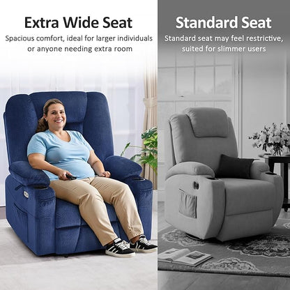MCombo Oversized Power Lift Recliner Chair with Massage and Heat for Big and Tall Elderly People, Cup Holders, USB Ports, Side Pockets, Fabric R7541 (Navy Blue, Large-Oversize)