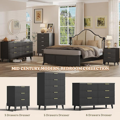 Lulive Black Dresser for Bedroom Wood Tall Dressers Drawers, Fluted Modern Dresser 5 Drawers Black
