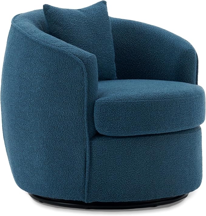 Swivel Accent Chair, Modern Upholstered Boucle Barrel Arm Chairs with Pillow for Living Room, 360 Degree Round Swivel Sherpa Armchair with Round Base for Bedroom Club (1, Dark Blue)
