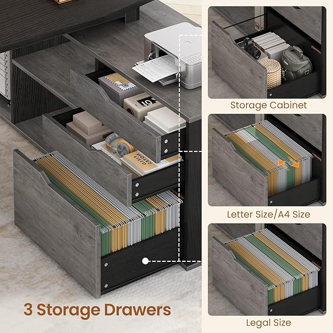 SEDETA 71" Executive Desk with File Cabinet, Large Office Desk with Drawers and Shelves, L Shaped Computer Desk with Power Outlets, Business Furniture Desk Workstation for Home Office, Gray
