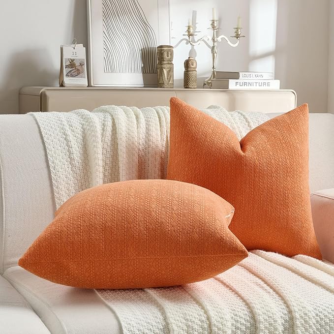 FUTEI Orange Chenille Throw Pillow Covers 18x18 Inch Set of 2,Soft Striped & Diamond Textured Cushion Cases,Modern Home Decor for Couch Living Room