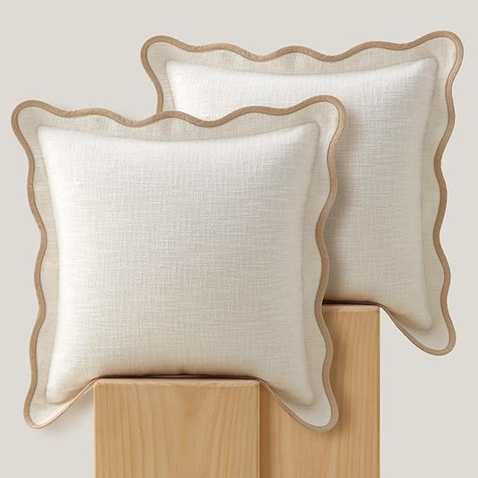 Double Stitch Scalloped Throw Pillow Covers - 100% Cotton Set of 2 Decorative Boho Pillow Covers 20 x 20, Made in India, Square Cushion Case, Modern Home Decor for Couch Sofa Living Room, Cream
