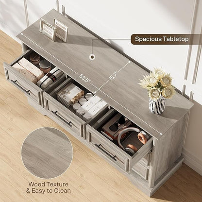 LGHM 7 Drawers Dresser for Bedroom, 54" Wide Chest of Drawers with Smooth Gliding Drawers, Gray Wood Dresser, Sturdy Storage Dressers Organizer with Metal Handles for Home Office, Farmhouse, Nursery