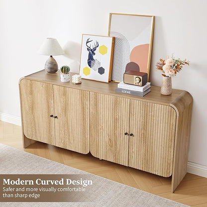 Fluted Sideboard Buffet Cabinet with Storage, 59'' Curved Buffet Cabinet with 4 Doors & Shleves, Modern Credenza Wood Coffee Bar Table Console for Dining Room Kitchen Living Room Entryway, Natural
