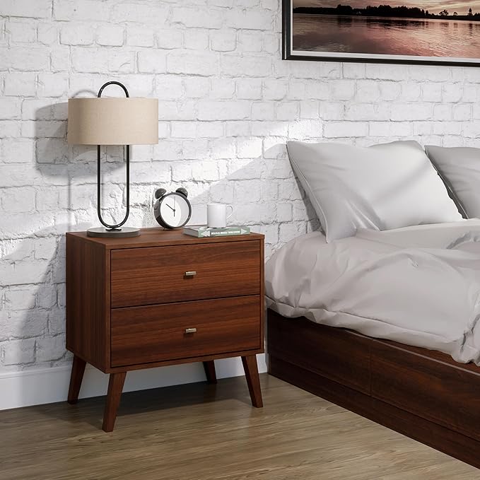 Prepac Milo Mid-Century Modern 2 Drawer Nightstand, Bedside Table, Contemporary Bedroom Furniture, 16"D x 25"W x 25"H, Cherry