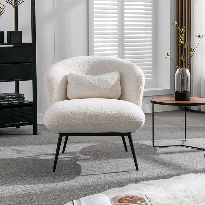 HEAH-YO Modern Accent Chair Set of 1, Upholstered Sherpa Side Chair with Barrel Backrest and Metal Legs, Comfy Armless Chair for Living Room Bedroom, White