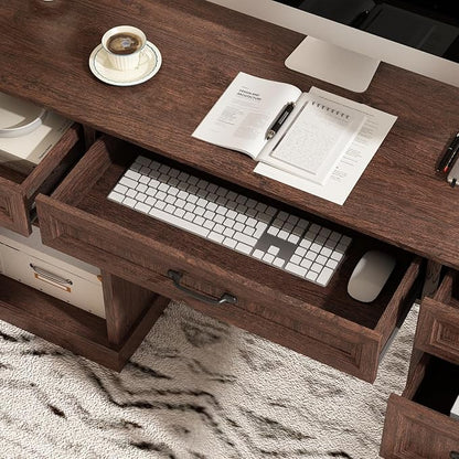 CARPETNAL 58'' Farmhouse Executive Desk with Drawers, Home Office Desk with File Drawer and Storage Cabinet, Rustic Computer Desk for Working, Studying, Writing, Brown
