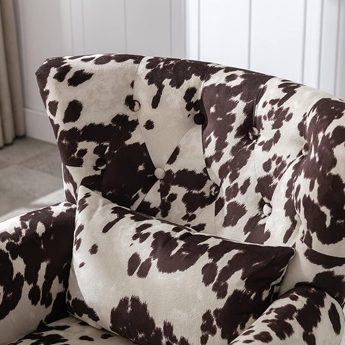 Mid Century Modern Accent Chair Upholstered Armchair Comfy Velvet Tufted Wingback Single Sofa with Ottoman for Bedroom Living Room, Cow
