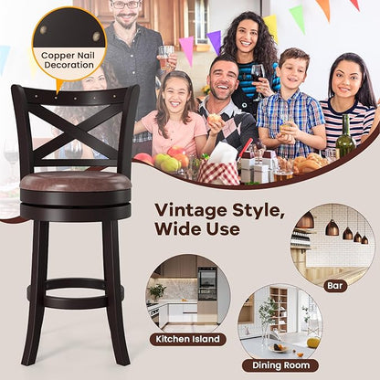 COSTWAY Bar Stools Set of 2, 26" Swivel Counter Height Bar Chairs with Copper Nails, Upholstered Seat, X-Shaped Backrest, Solid Rubber Wood Frame, for Kitchen Island Pub Bar