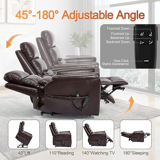 Power Lift Recliner Chair for Elderly People, Dual Motor Lay Flat Recliner with Vibration Massage and Heat, Heavy Duty Motion Mechanism Standing Assistance Reclining Chair, Faux Leather Red Brown