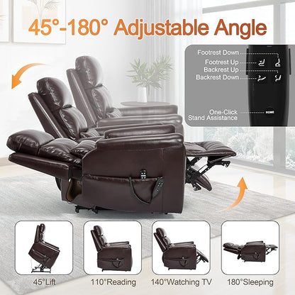 Power Lift Recliner Chair for Elderly People, Dual Motor Lay Flat Recliner with Vibration Massage and Heat, Heavy Duty Motion Mechanism Standing Assistance Reclining Chair, Faux Leather Red Brown