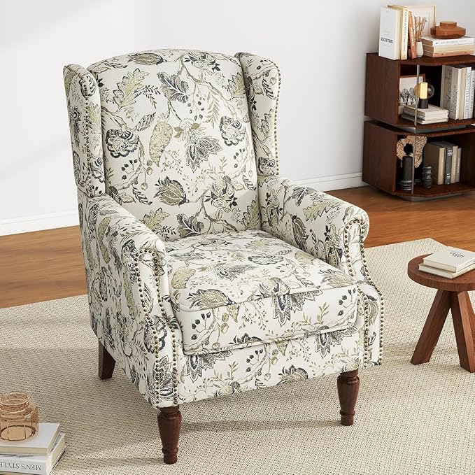 UIXE High Back Floral Accent Chair, Fabric Upholstered Armchair for Living Room, Retro Printed Wingback Arm Chair Nailhead Trim Single Sofa Bedroom Reading Seat - Beige Plants